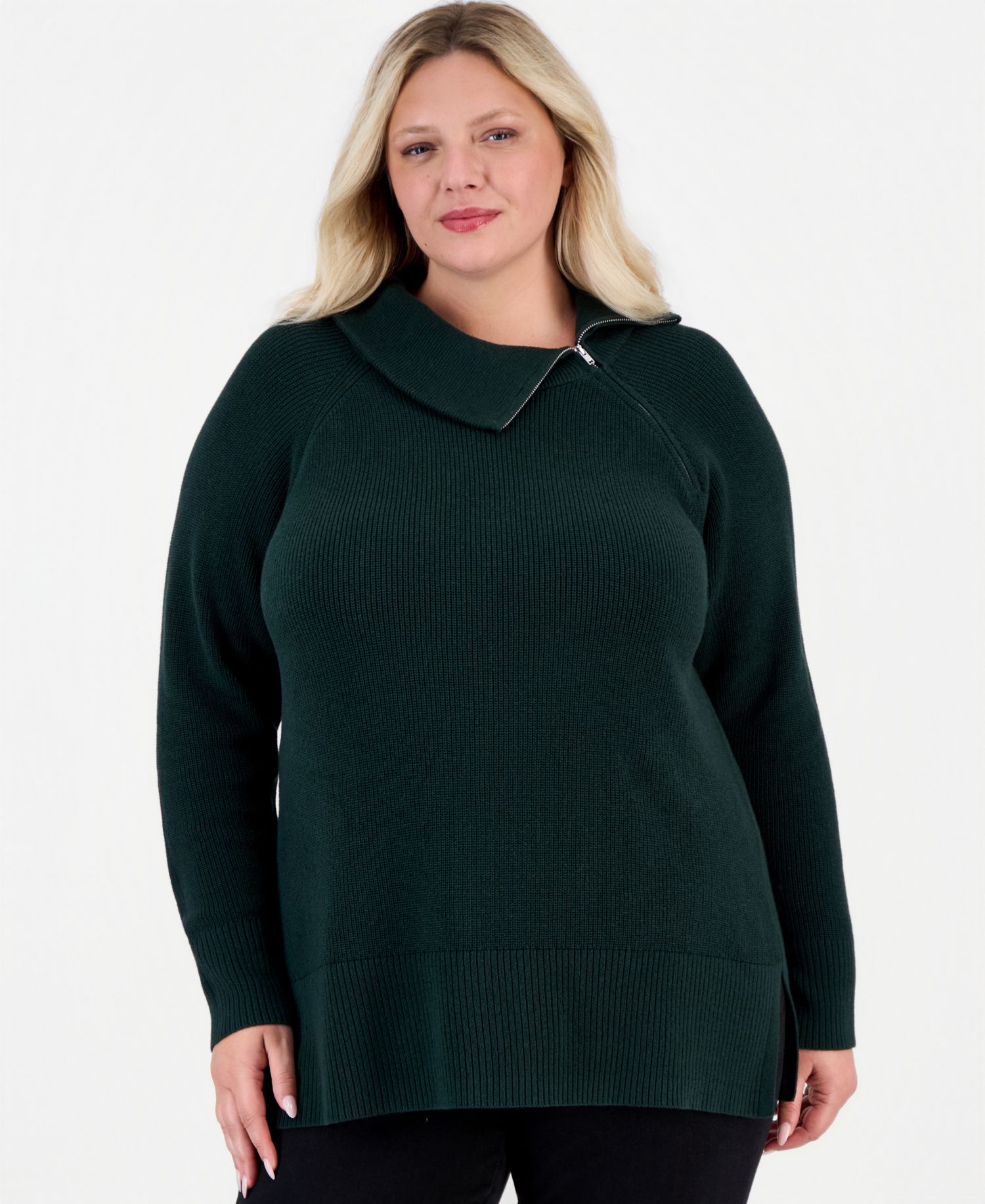 Petite High-Neck Zip Cotton Sweater
