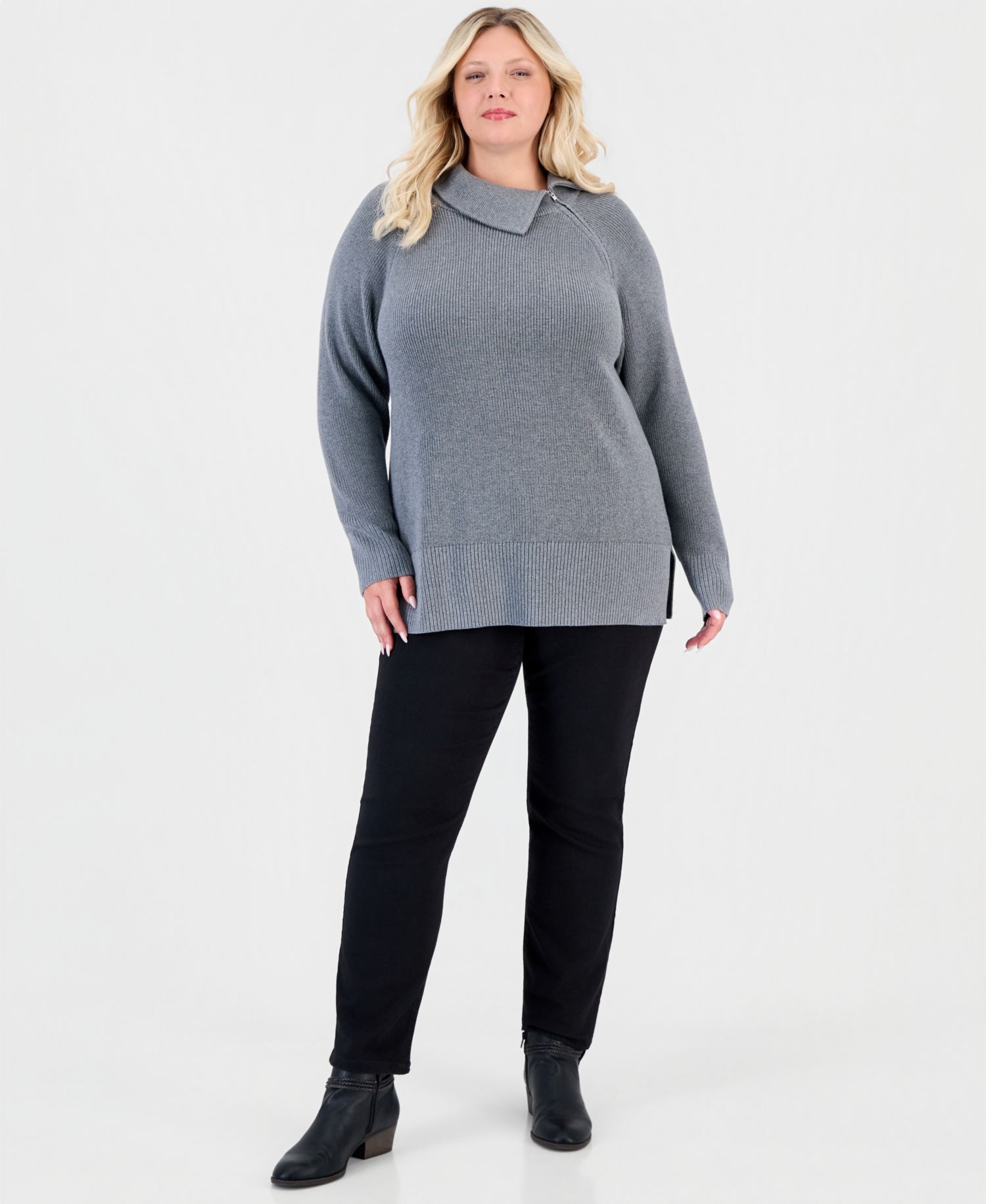 Petite High-Neck Zip Cotton Sweater