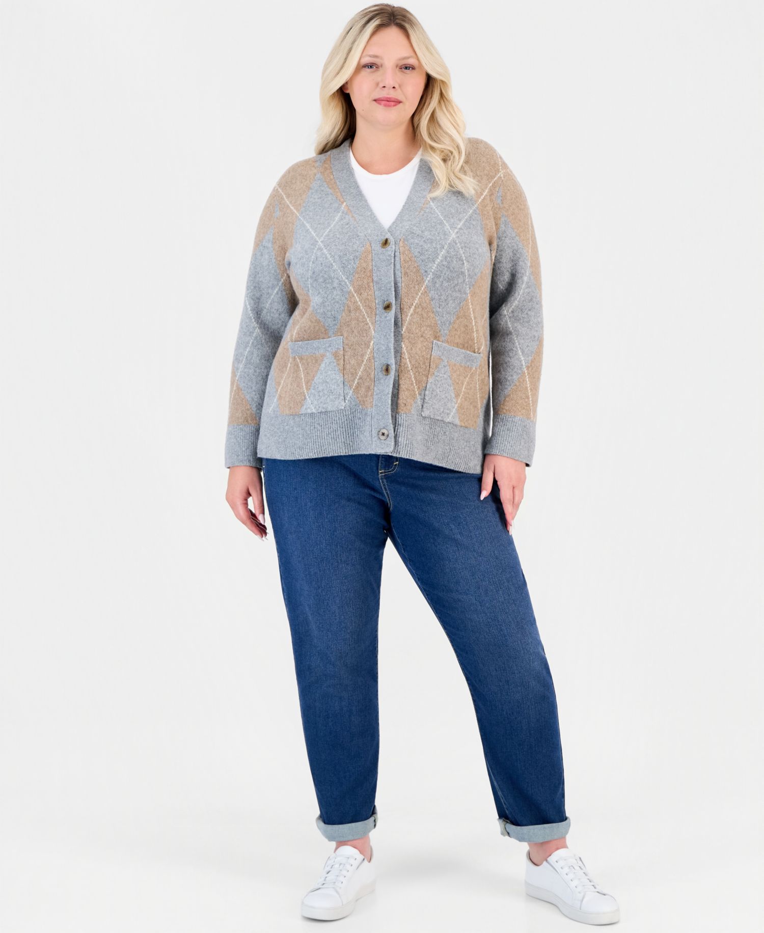 Plus Size Argyle V-Neck Cardigan