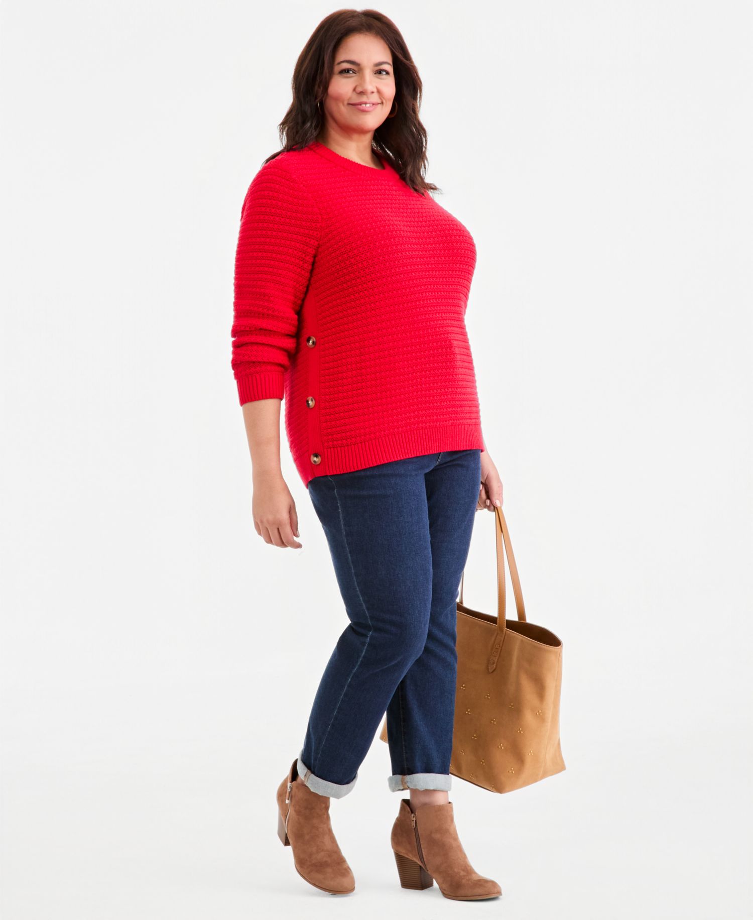 Plus Crewneck Ribbed-Knit Side-Button Sweater