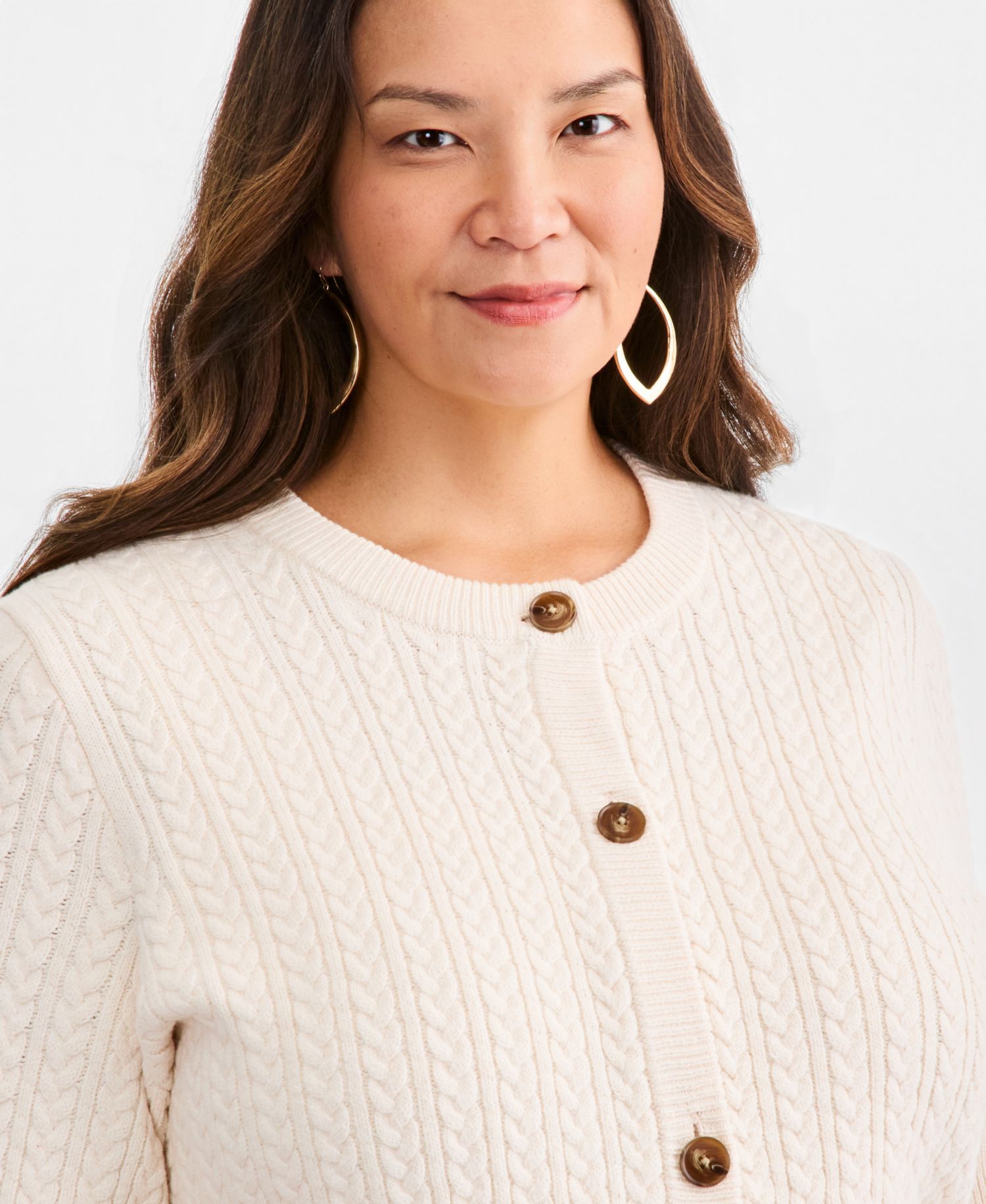 Petite Cable-Knit Short-Sleeve Crewneck Cardigan