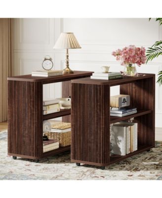 Narrow Side Table Set of 2, 3-Tier End Table for Living Room, Small Fluted Nightstand, Farmhouse Bedside Table