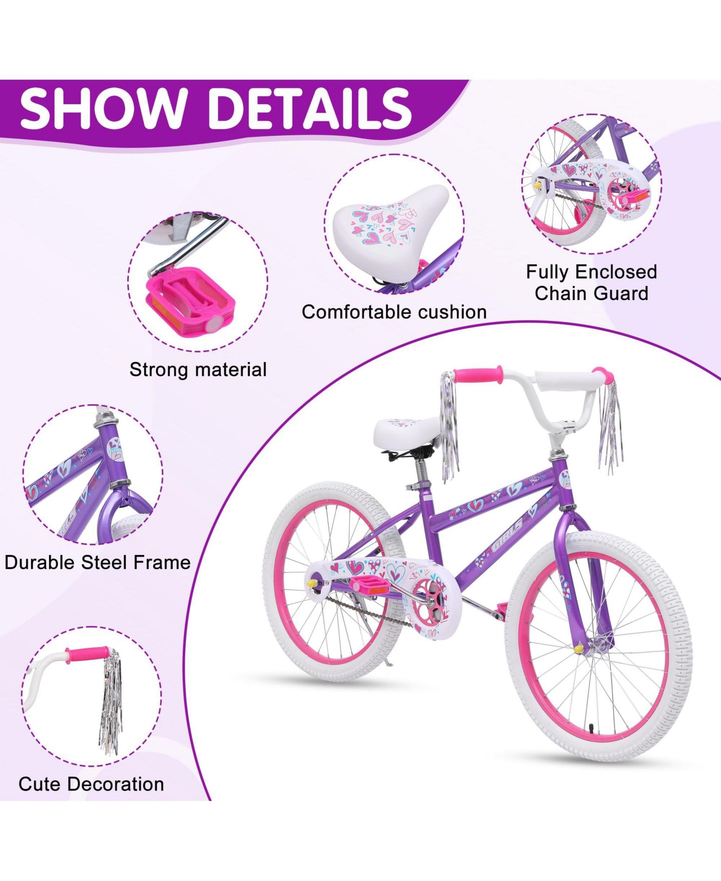 Детская игрушка SUGIFT 20-inch Kids Bike with Adjustable Saddle and Handlebar for 3-8 Years Olds, цвет: Фиолетовый — фото 2