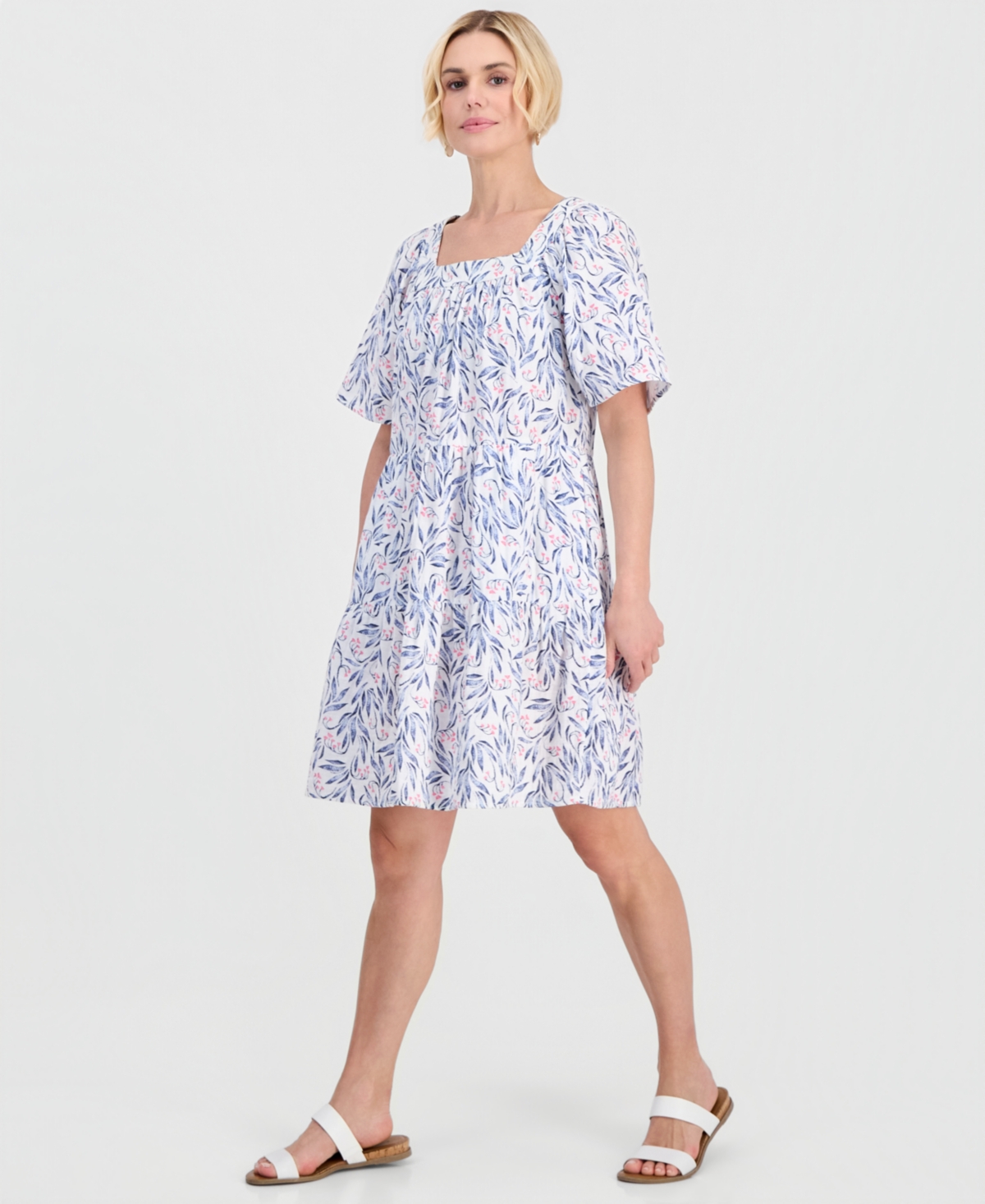 Style & Co Petite Printed Square-Neck Short-Sleeve Cotton Dress, Macy's Exclusive