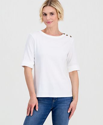 Petite Cotton Asymmetric-Button Boat-Neck Top