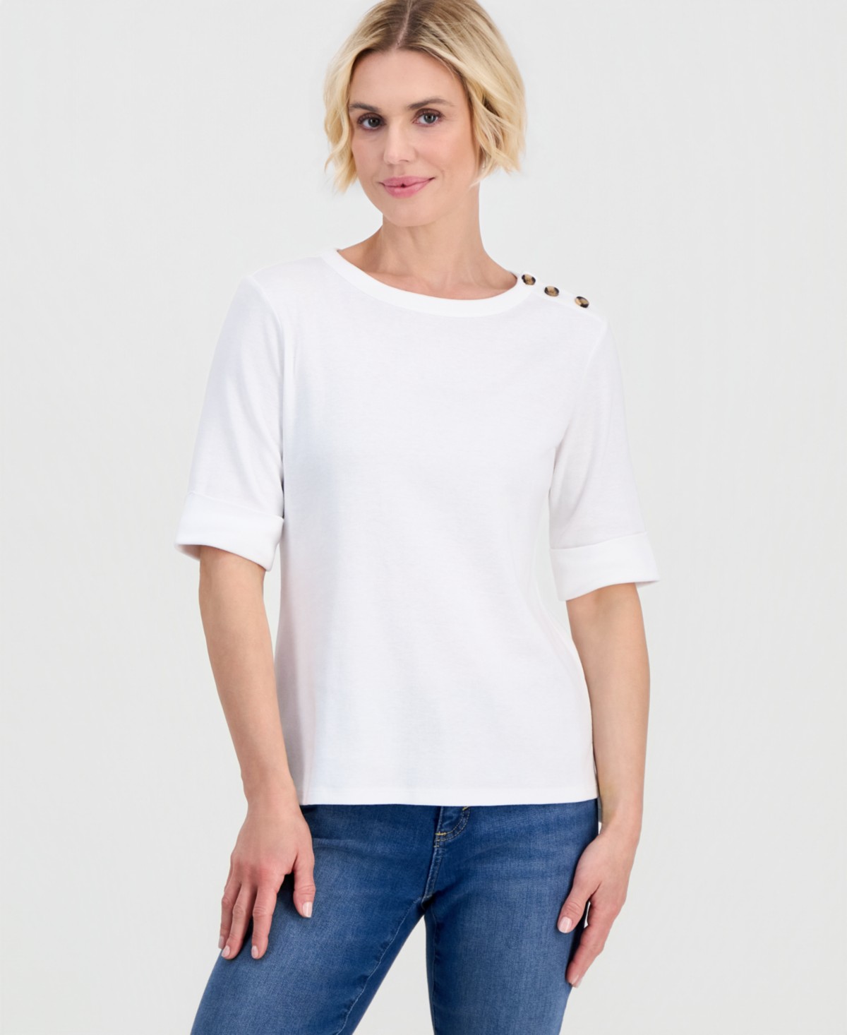 Женские Style & Co Petite Cotton Asymmetric-Button Boat-Neck Top — фото 1