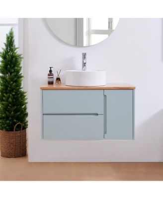  Wall Mounted Vanity with Solid Wood Top, Double Drawers and Single Door, Round Ceramic Sink, Modern Minimalist Design