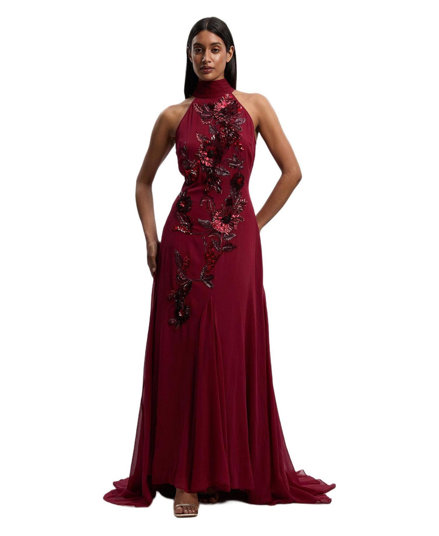 Women's Feather Halter Maxi Dress