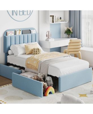 Twin Bed Frame with 2 Drawers, Boucle Upholstered Bed with Bookcase Headboard, Kids Bed, Easy Assembly, No Box Spring, Noise Free