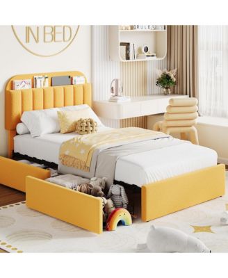 Twin Bed Frame with 2 Drawers, Boucle Upholstered Bed with Bookcase Headboard, Kids Bed, Easy Assembly, No Box Spring, Noise Free