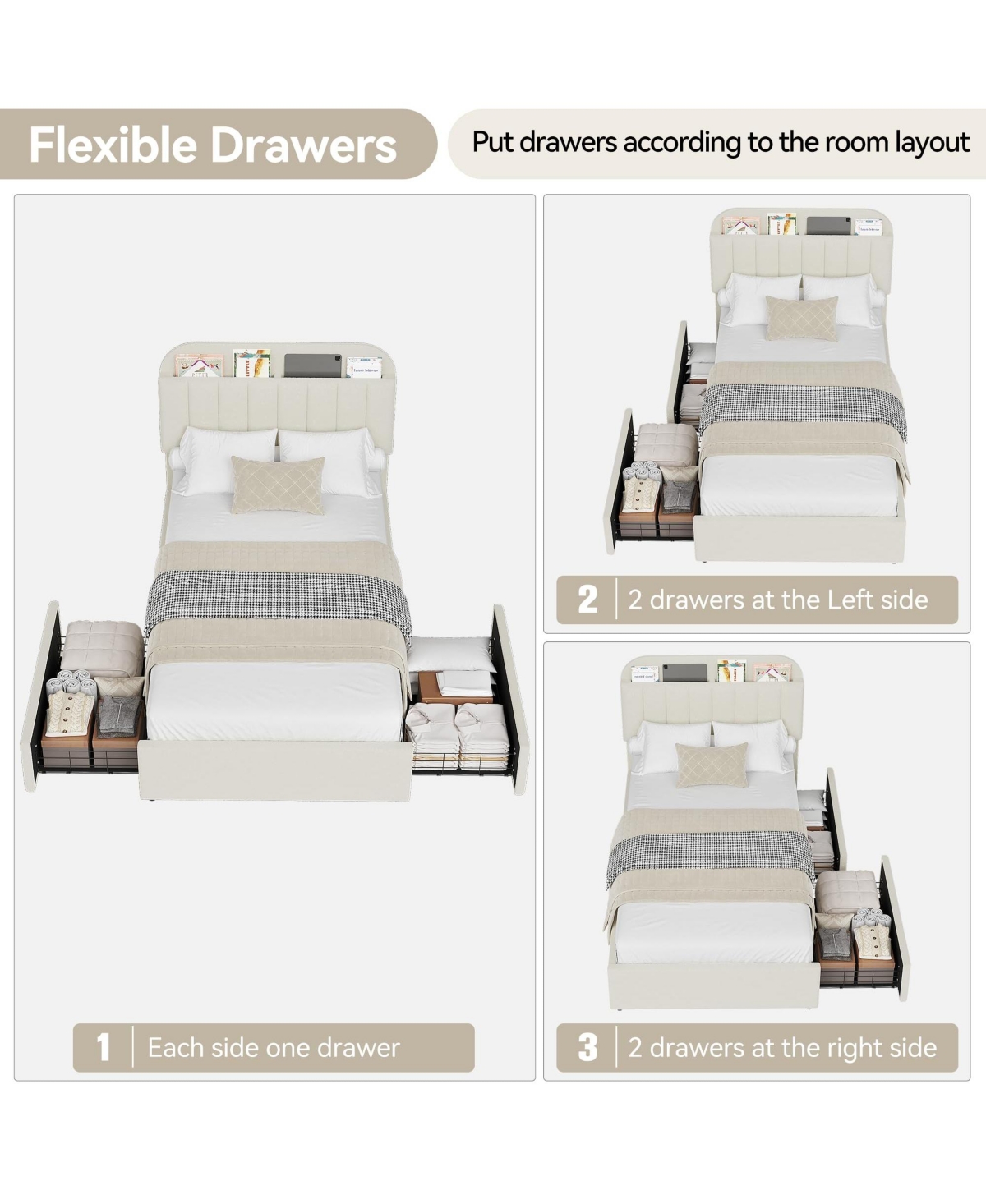 homfan Twin Bed Frame with 2 Drawers, Boucle Upholstered Bookcase Headboard, Kids Bed, Easy Assembly, No Box Spring