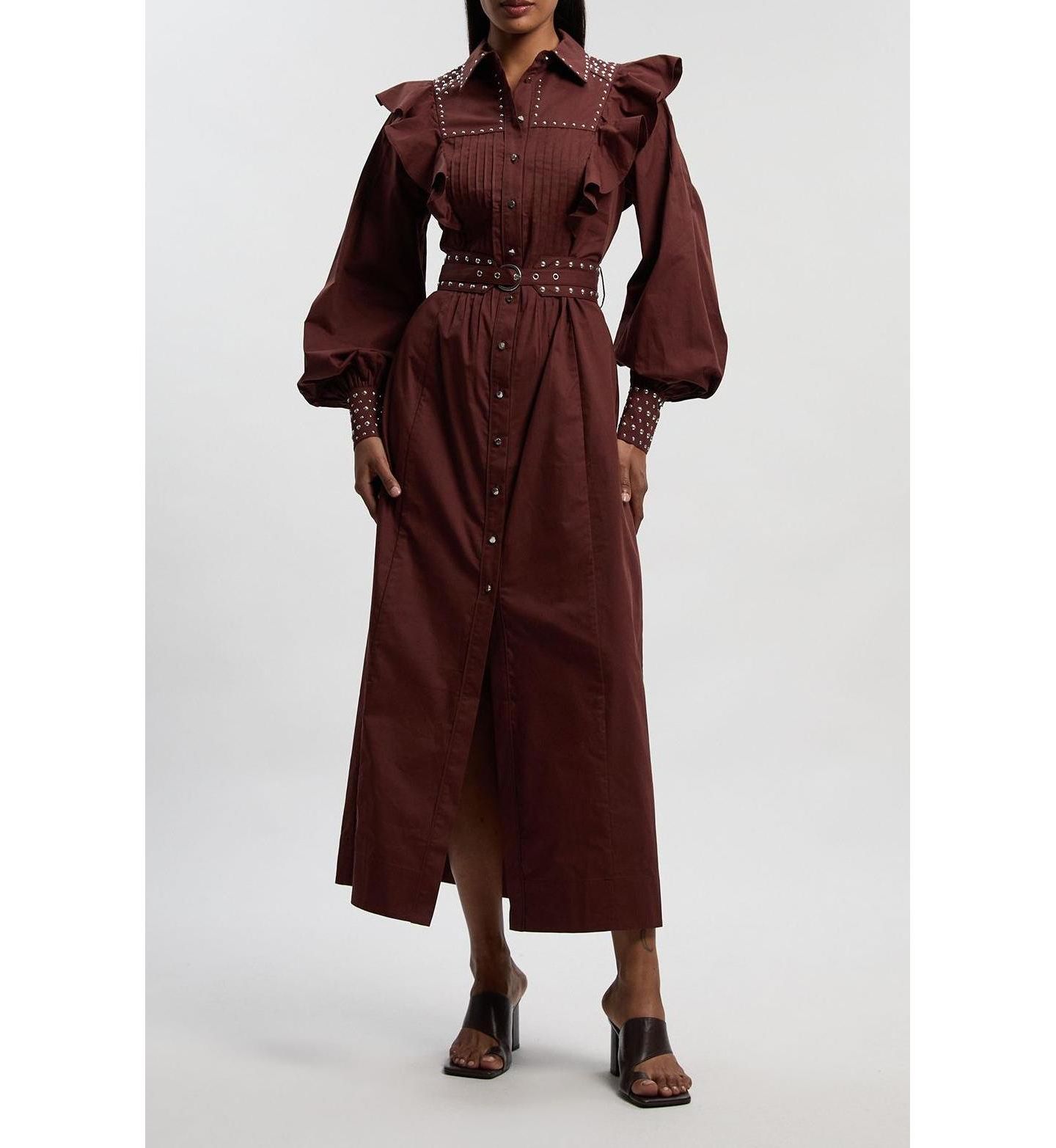 Женское платье Karen Millen Cotton Studded Maxi Shirt Dress, цвет: Шоколадный — фото 5