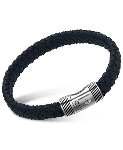 Esquire Men's Jewelry Black Leather Braided Bracelet in Stainless Steel, Only at Macy's