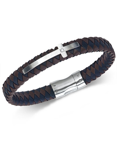 Esquire Men's Jewelry Diamond Accent Leather Cross Bracelet in Stainless Steel, Only at Macy's