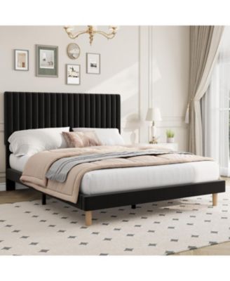 Bed Frame, Adjustable Height Headboard, Velvet Upholstered Platform Bed Frame, No Box Spring Needed, Easy Assembly