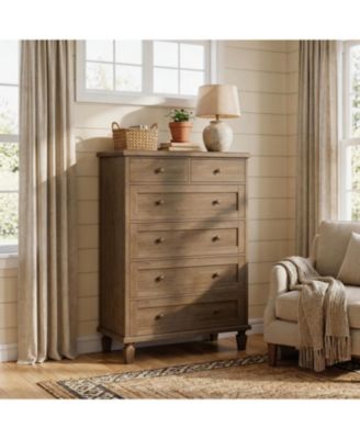 47" Tall 6 Drawer Dresser, Vintage Wooden Chest, Carved Handles and Tapered Legs, Large Storage for Bedroom, Living Room, Entryway