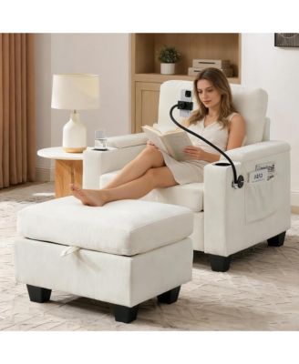 Convertible Sleeper Chair and Storage Ottoman Bundle, Modern Chaise Lounge with USB Port and Phone Stand for Bedroom and Living Room