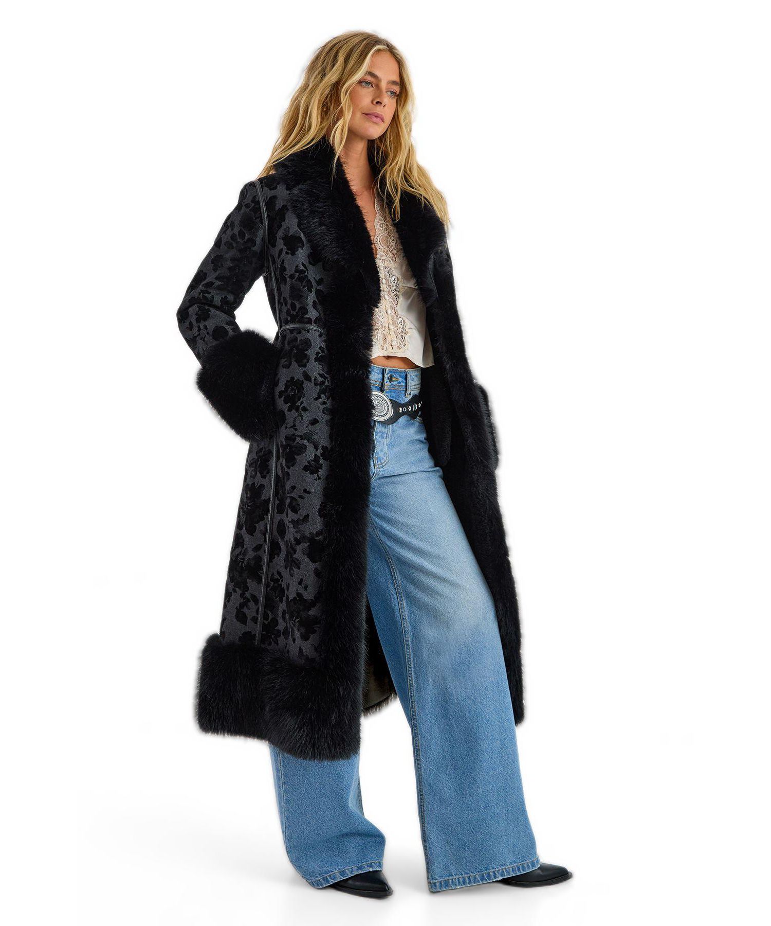 Women's Faux Fur Floral Jacquard Coat