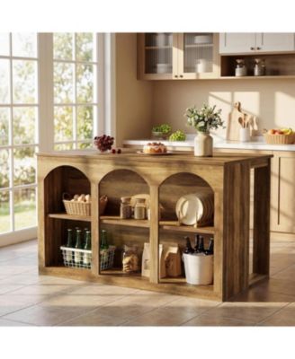 Kitchen Island with Storage, 55-inch Counter Height Stationary Kitchen Table with 2-Tier Shelves and Large Worktop