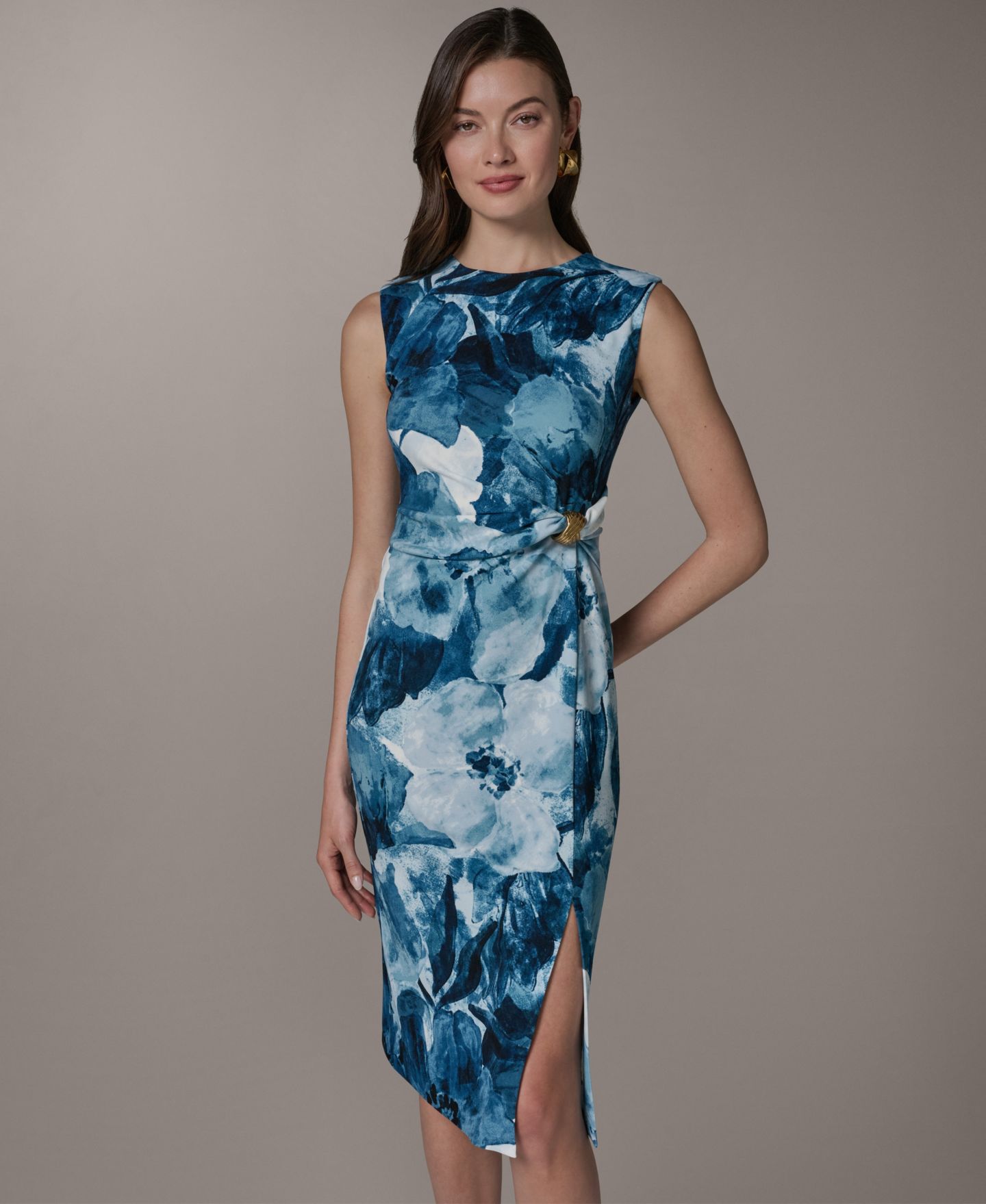 Женское платье Donna Karan New York Petite Printed Ribbed Knot Hardware Midi, цвет: Синий разноцветный — фото 3