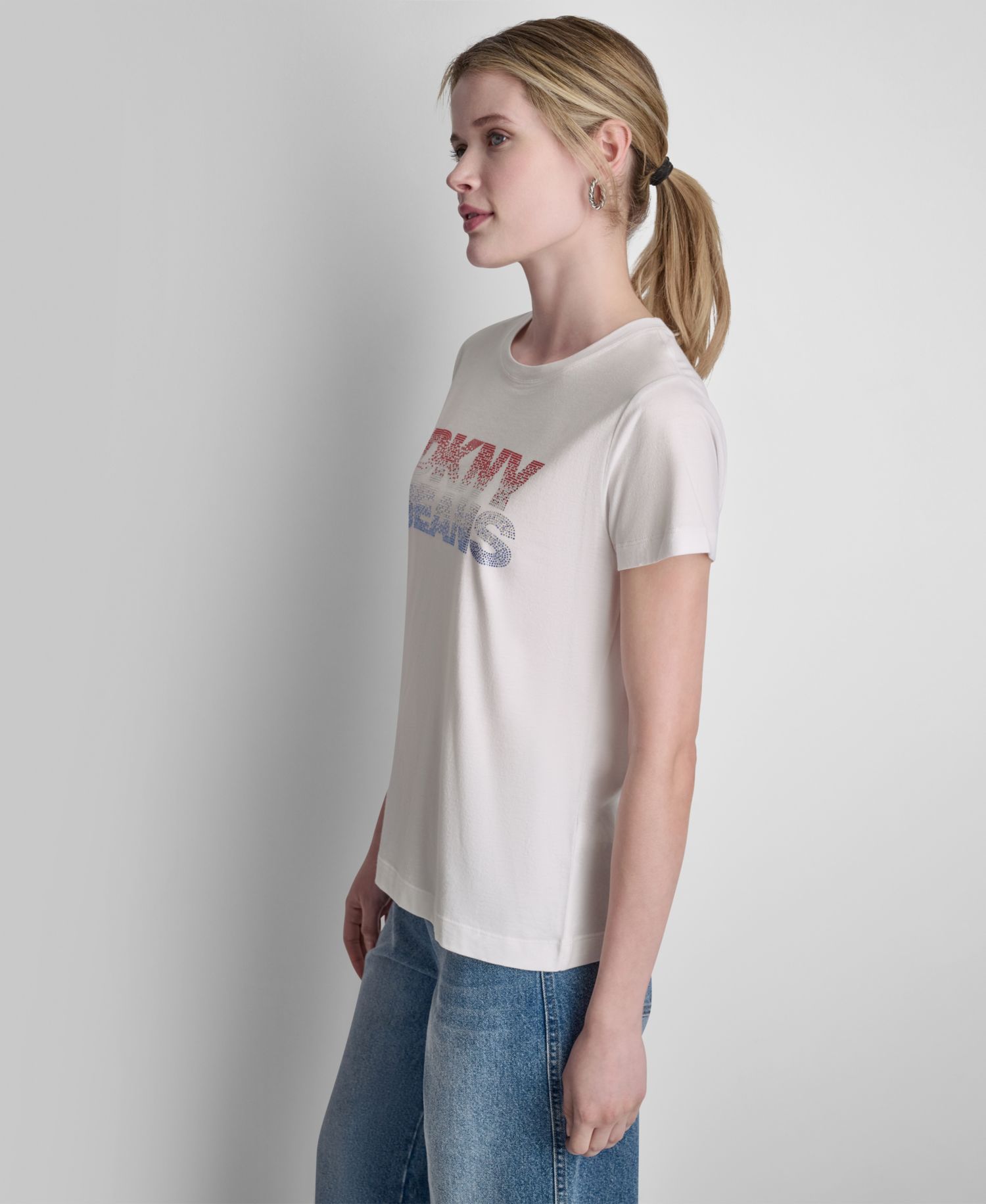 Women's Stacked Ombre Mini Rhinestone Logo Crewneck T-Shirt