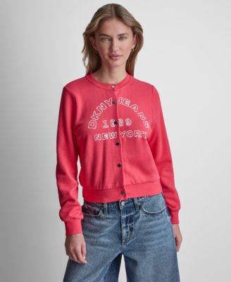 Women's Long-Sleeve Button-Front Cotton DKNY Logo Shrunken Jacket