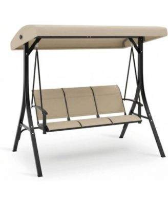 3-Seat Outdoor Patio Swing Chair, Porch Hanging Bench with Adjustable Canopy, Armrests, and Breathable Textilene Fabric for Garden, Backyard