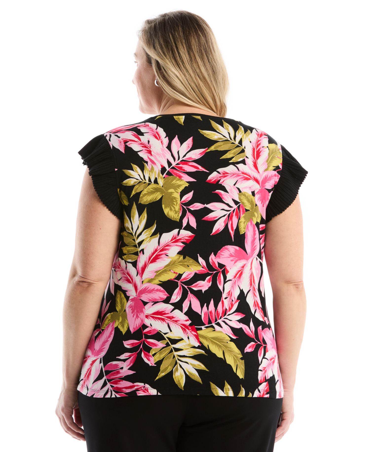 Plus Size Tropical Print Ruffle Cap-Sleeve Top