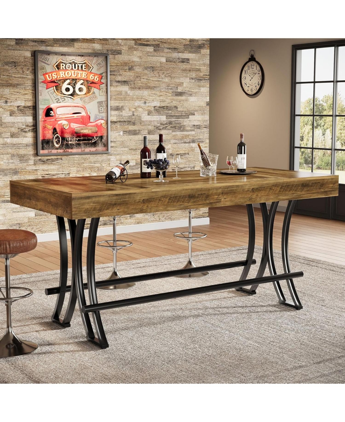 Tribesigns 63" Counter Height Dining Table with Metal Footrest, Rectangular Tall Kitchen Bar Table, Natural