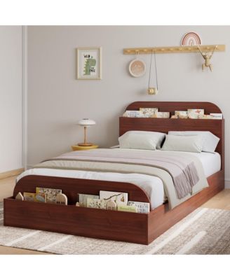 Wooden Beds with Storage Headboard and Raised-Foodboard, Twin-Floor Low Platform Bed for Bedroom, Sturdy Wooden Slats Support