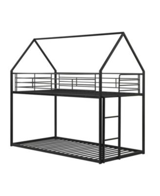 Metal Bunk Bed with Roof Design and Ladder for Kids and Small Spaces