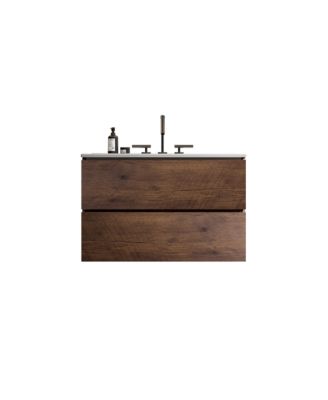30 Inch Wall Mount Walnut Bathroom Vanity with Ceramic Sink 3 Faucet Holes Large Floating Storage One Piece Basin Pre Assembled