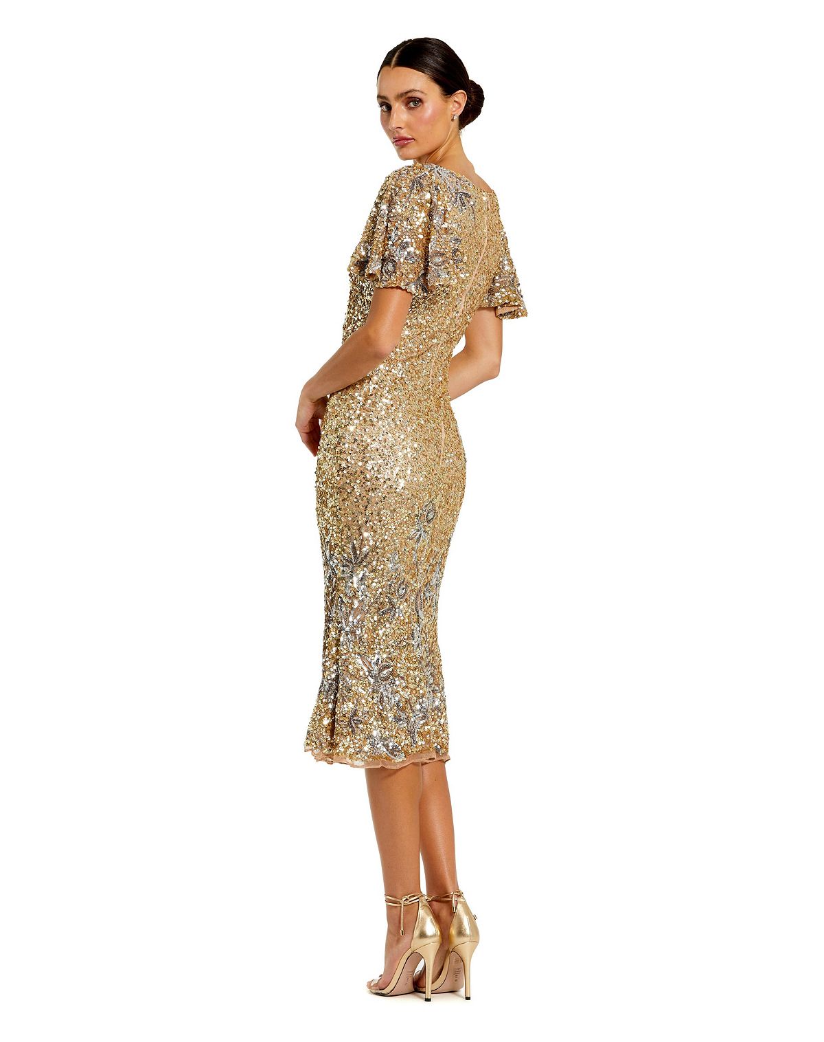 Mac Duggal Women's Flutter Sleeve Floral Embellished Sequin Midi Dress view 2 — MAYCSS fashion products