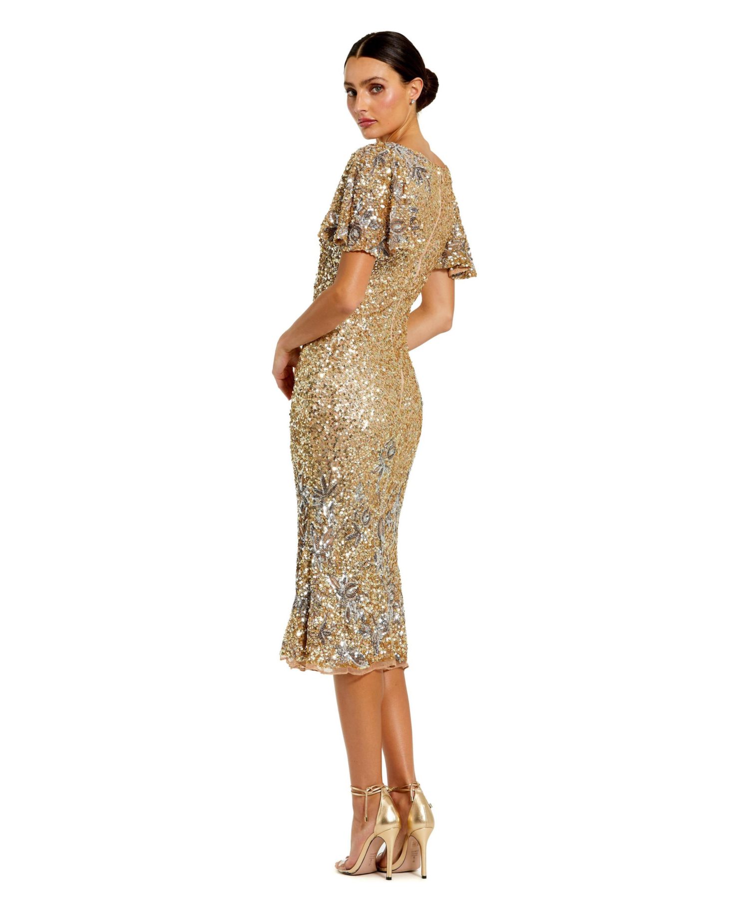 Women's Flutter Sleeve Floral Embellished Sequin Midi Dress