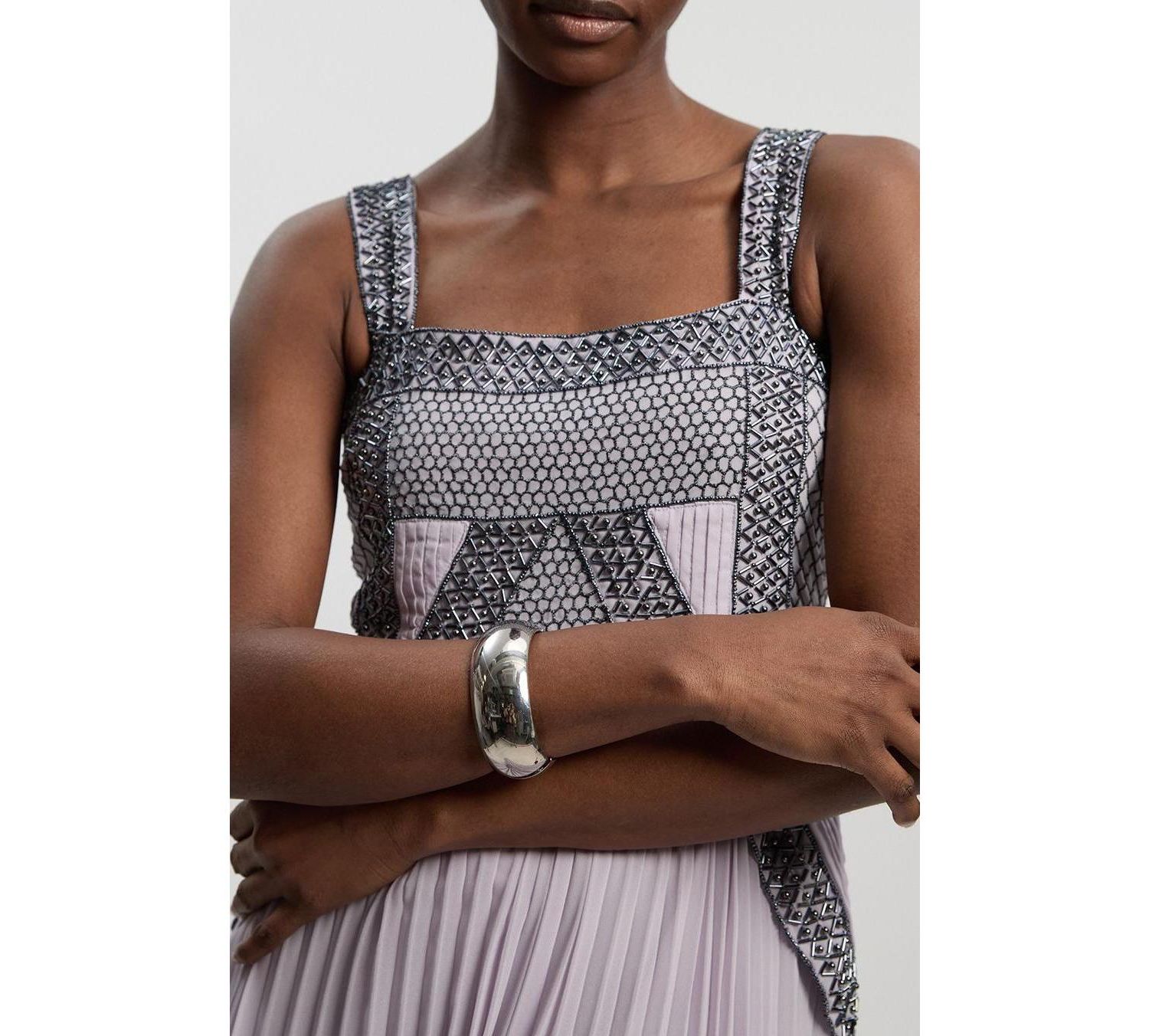 Women's Embellished Pleated Woven Midi Dress