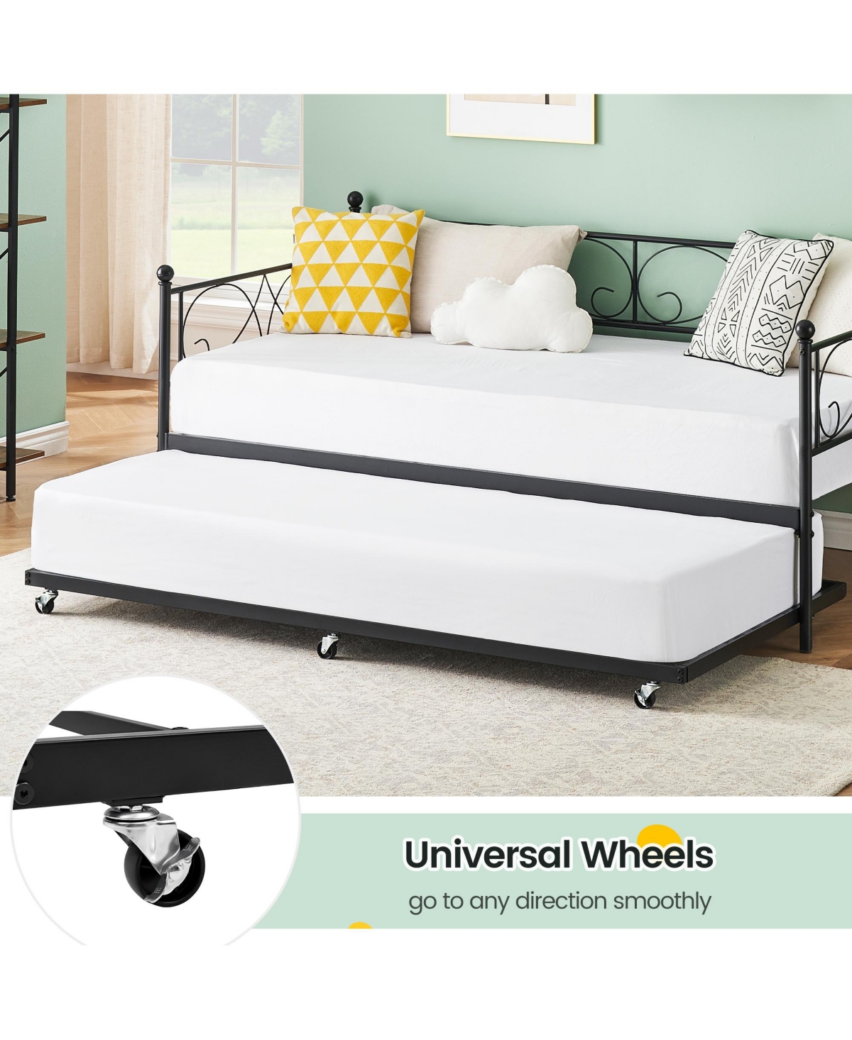 Homfan Metal Daybed with Trundle, Convertible Sofa Bed Frame Pull-Out Guest Bed, Steel Slat Support, No Box Spring Needed