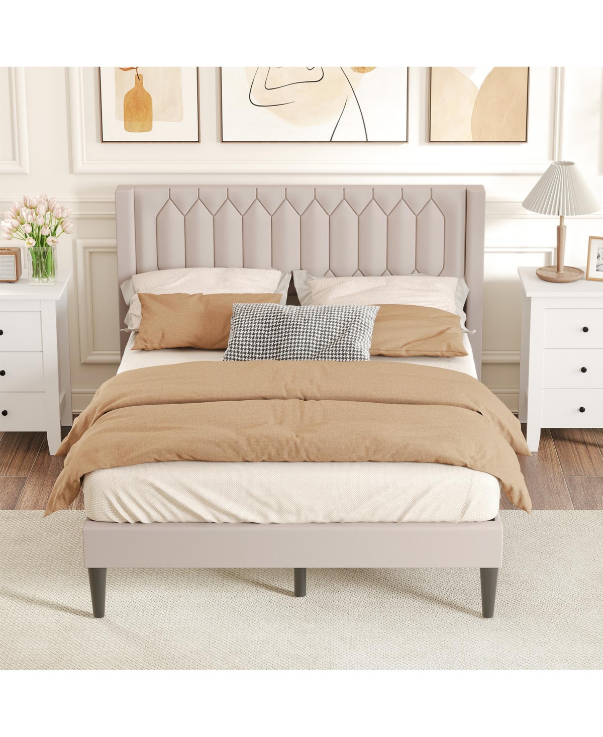 Slickblue Modern Upholstered Bed Frame with Wingback Headboard and Wooden Slats Support System