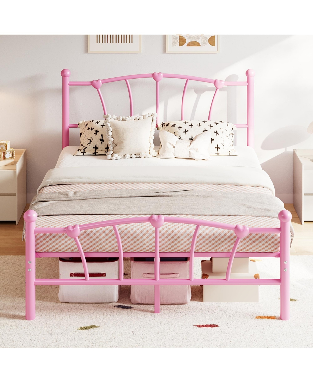 Homfan Heart-Shaped Metal Platform Bed Frame with Headboard and Footboard, Quiet Slat Support
