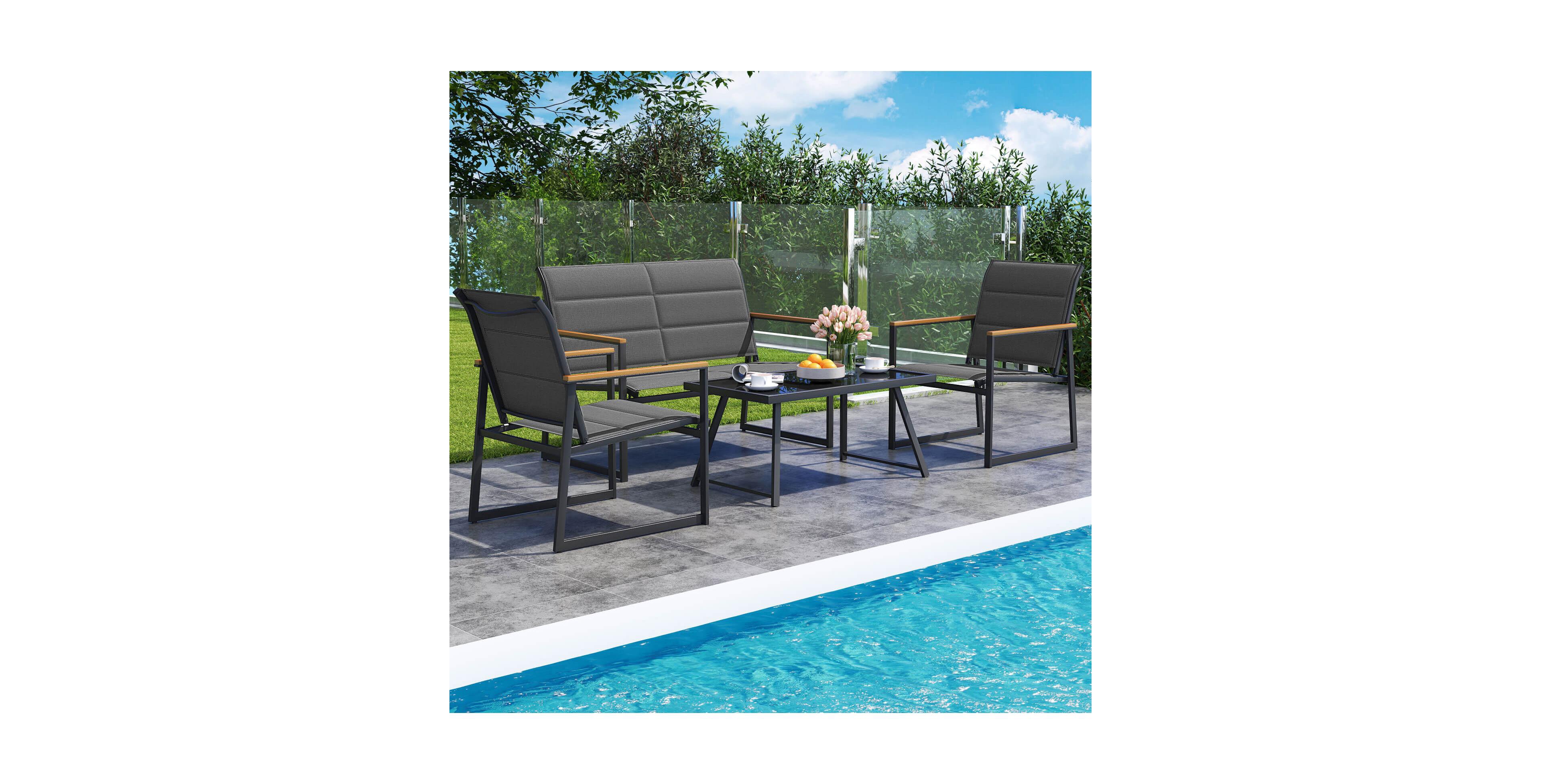 Costway Patio Furniture Set with Padded Fabric Seat & Wood-Plastic Armrests Table