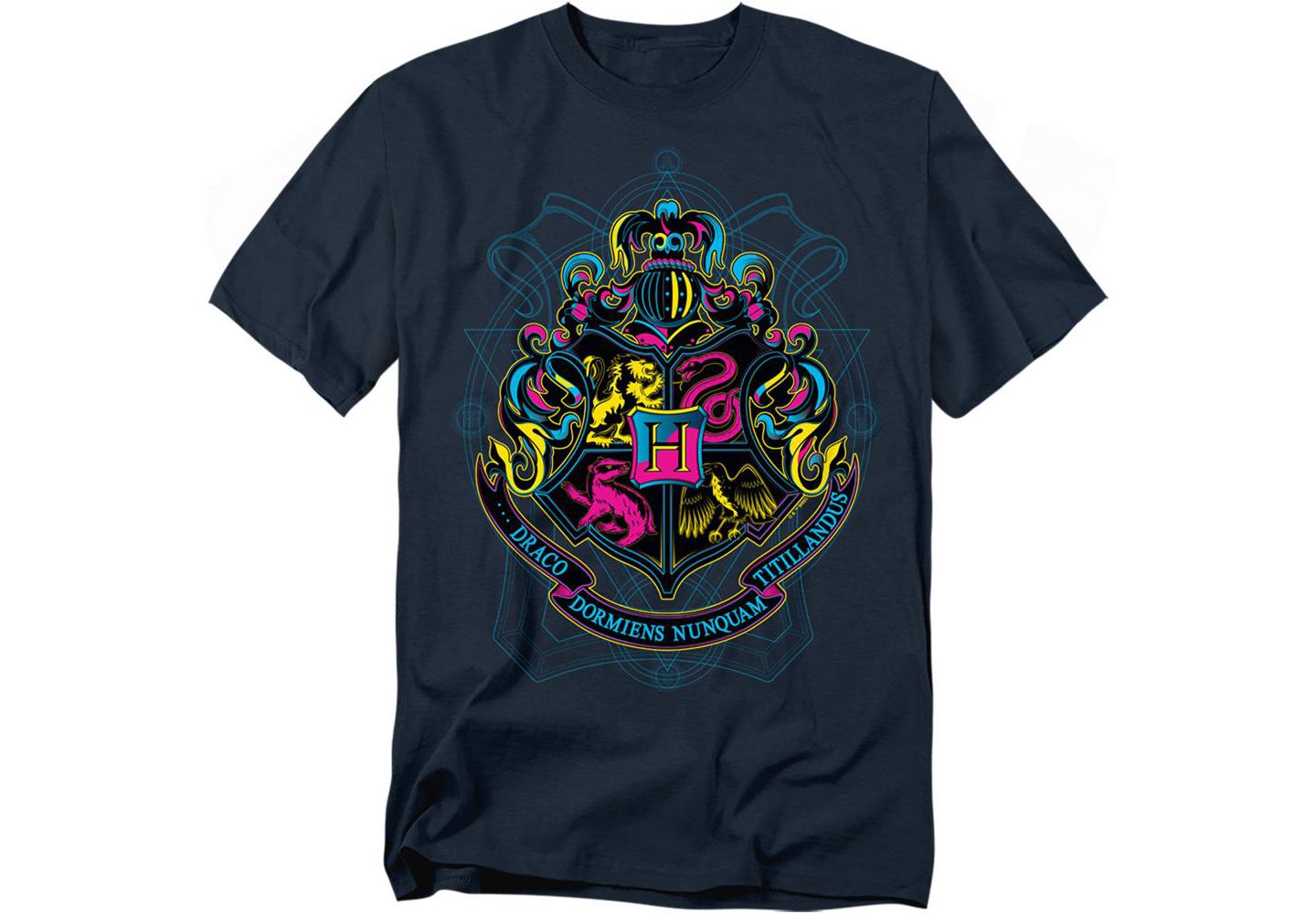 Мужская футболка Harry Potter Neon Hogwarts Shield With Motto, цвет: Тёмно-синий — фото 1