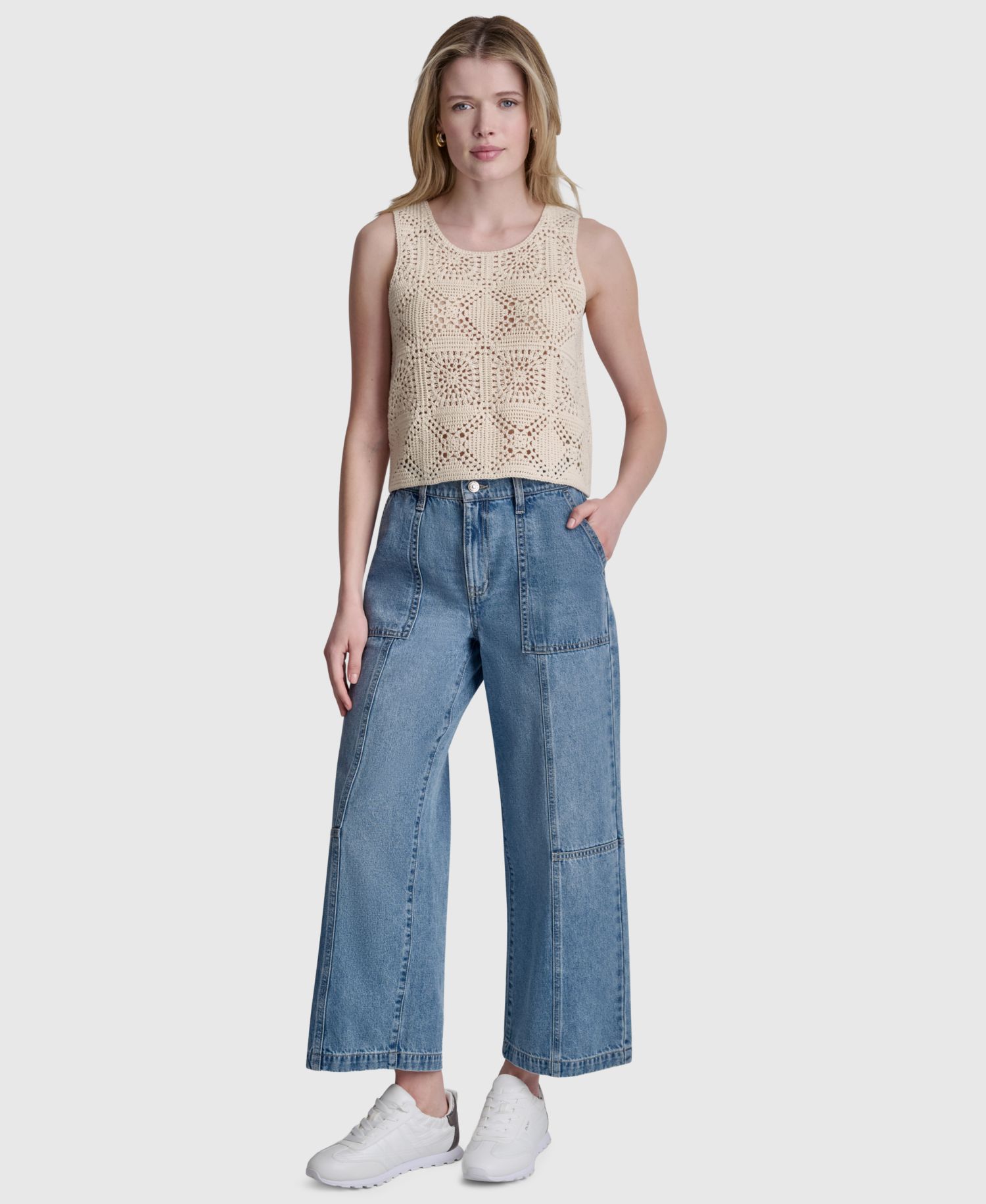 Women's Sleeveless Crochet Square Knit Tank Sweater