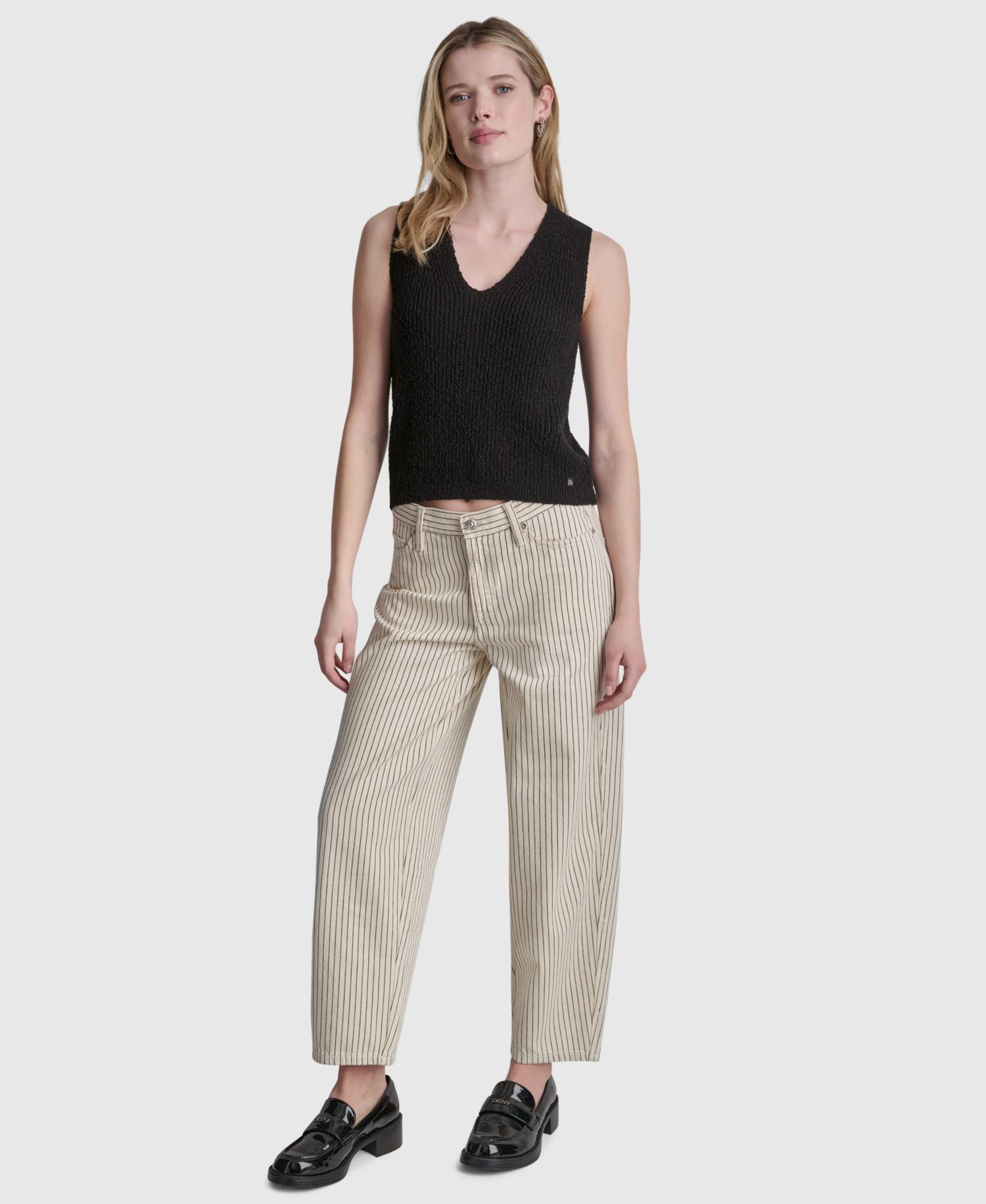 Women's Mid-Rise Striped Baby Barrel-Leg Jeans