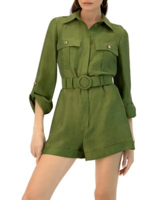 Women's Belted Linen Romper with Cargo Patch Pockets