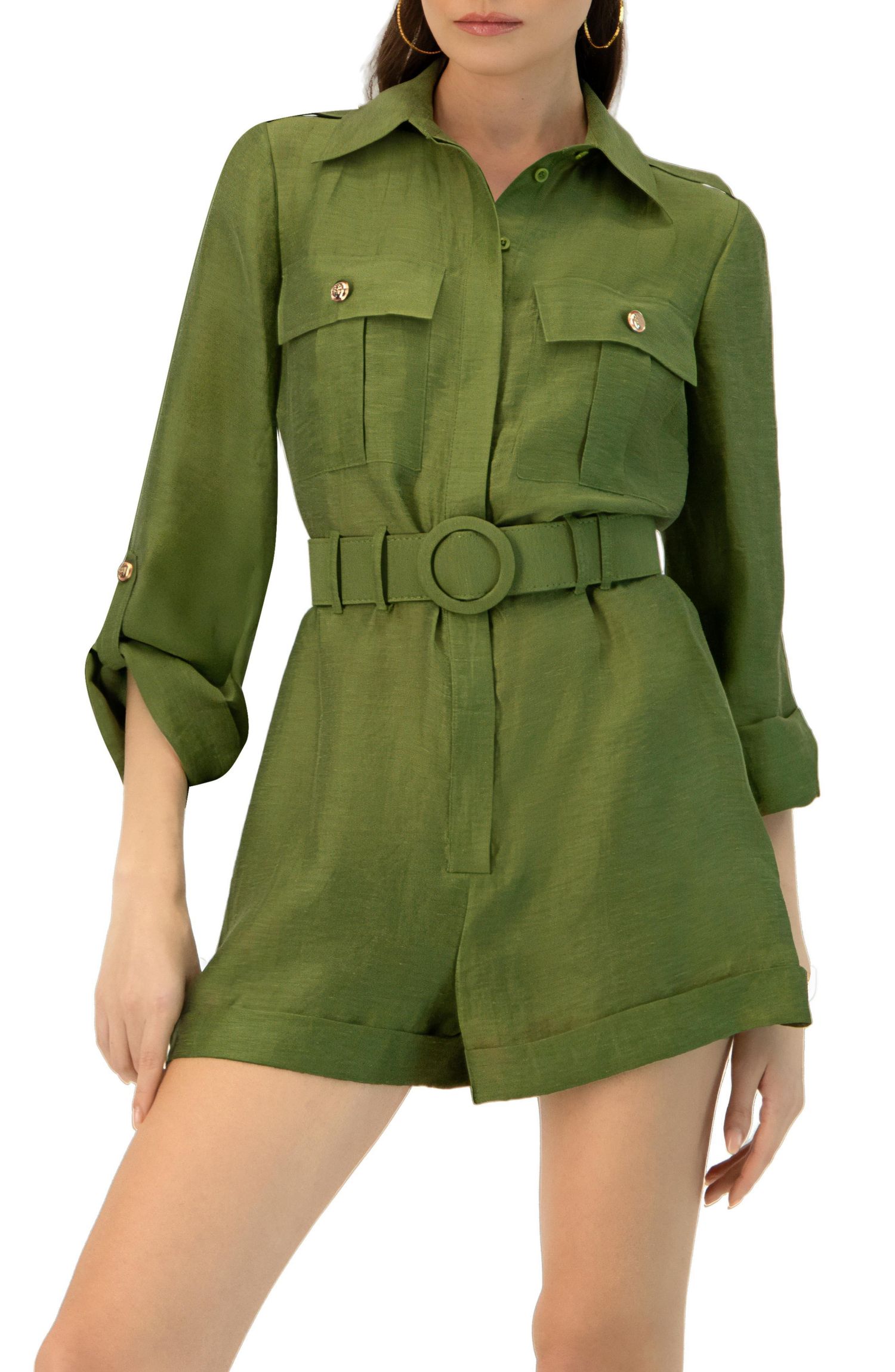 Women's Belted Linen Romper with Cargo Patch Pockets