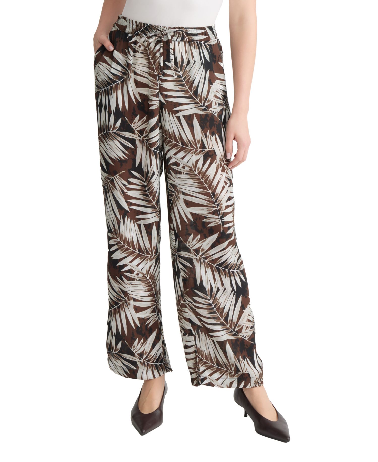 Petite Palm Printed Wide-Leg Pull-On Pants