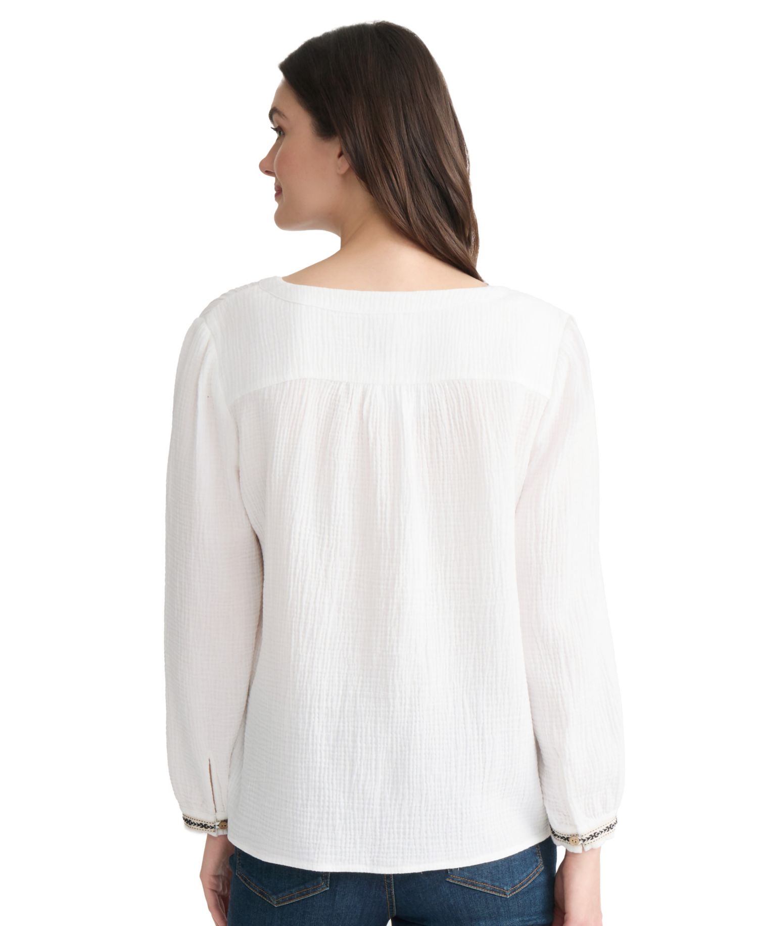 Petite V-Neck Embroidered Placket Popover Top