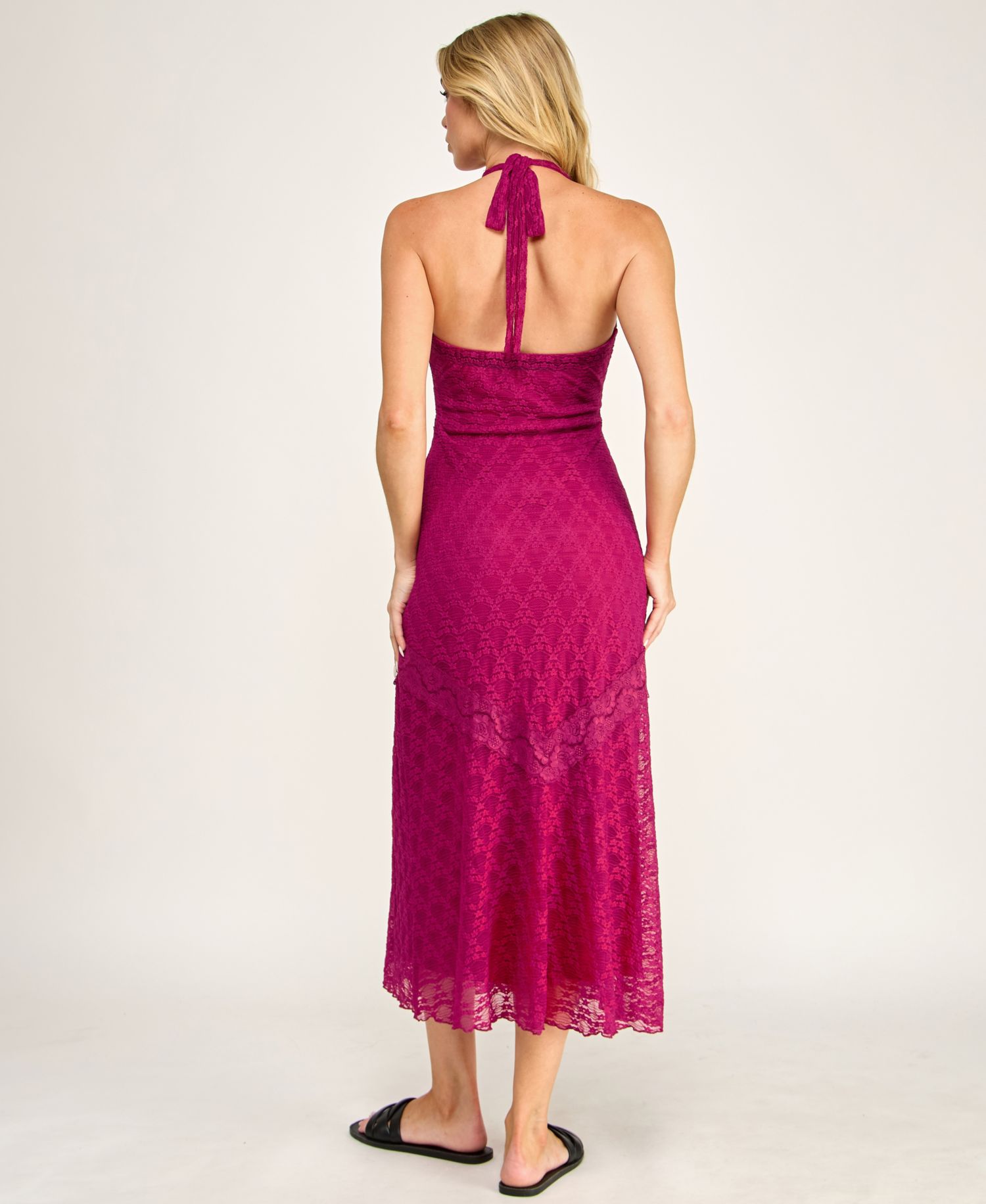 Juniors' Lace Detail Halter Neck Midi Dress