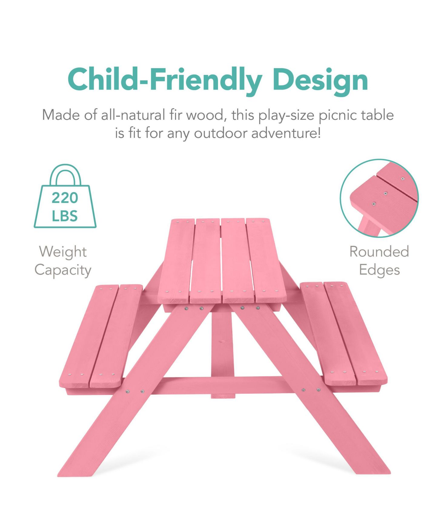 Детская игрушка Best Choice Products Wooden Picnic Table with Adjustable Umbrella, 220 lb. Capacity, Ages 3-7, цвет: Розовый — фото 3