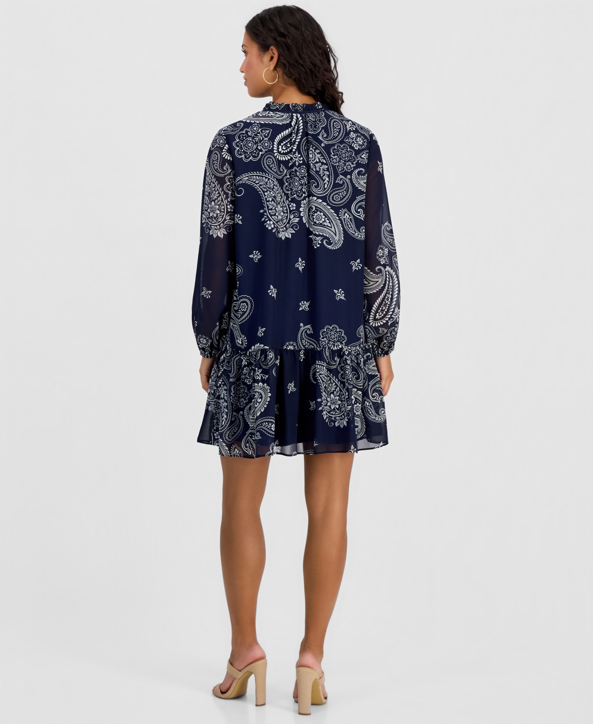Robbie Bee Petite Printed Chiffon Tie-Neck Tiered Dress