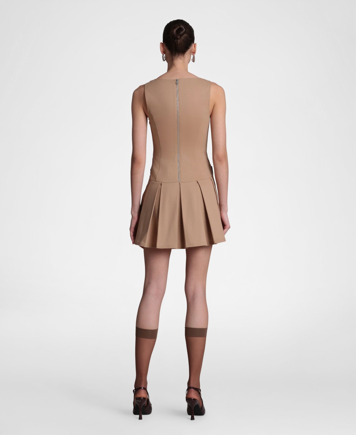 Women's Stretched Cotton Boat Neck Pleated Mini Dress